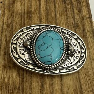 Western Faux Turquoise and Silvertone Oval Belt Buckle